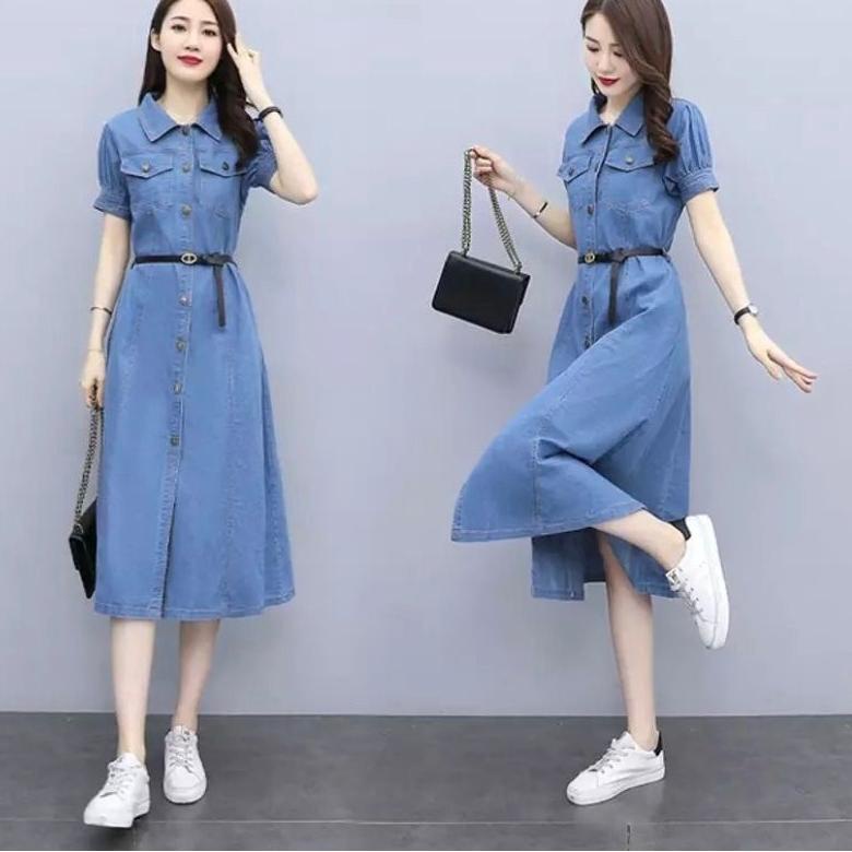 [ART. 4862 DRESS JEANS WANITA LENGAN PENDEK / LONG  TUNIK JEANS WANITA LENGAN PENDEK  ( FREE BELT )