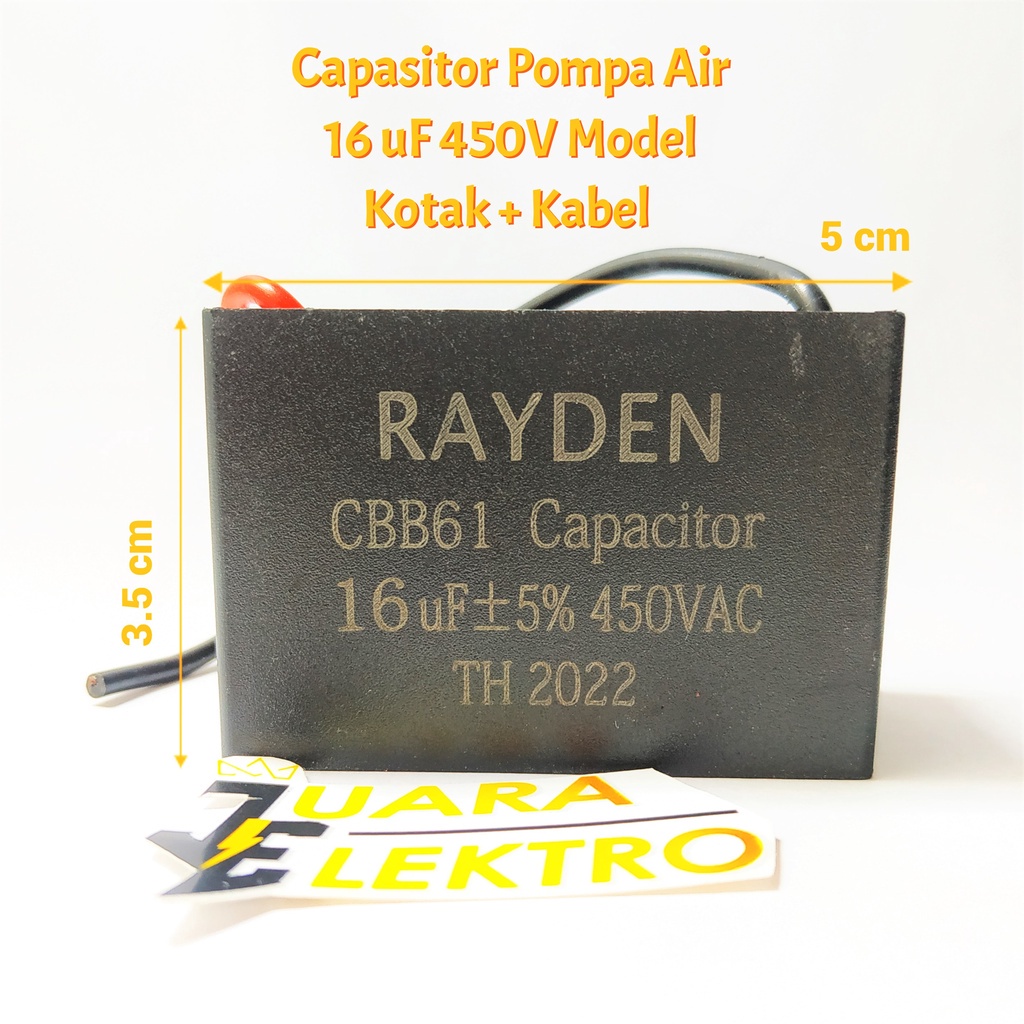 Capasitor Pompa Air 16uF/450V Model Kotak + Kabel | Kapasitor Pompa Air 16 uF / 450V RAYDEN