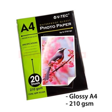 

Kertas Foto / Photo Glossy A4 Vtec 210 gsm, 1 pack isi 20 lembar