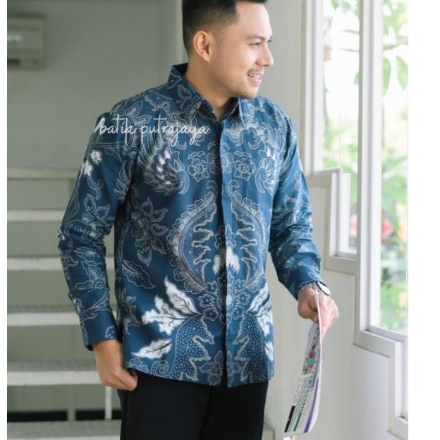 SUDJIWO DONGKER BIRU  Baju Batik Pria Cowok Lengan Panjang Premium Kasual Slimfit Modern Jumbo [GE.0
