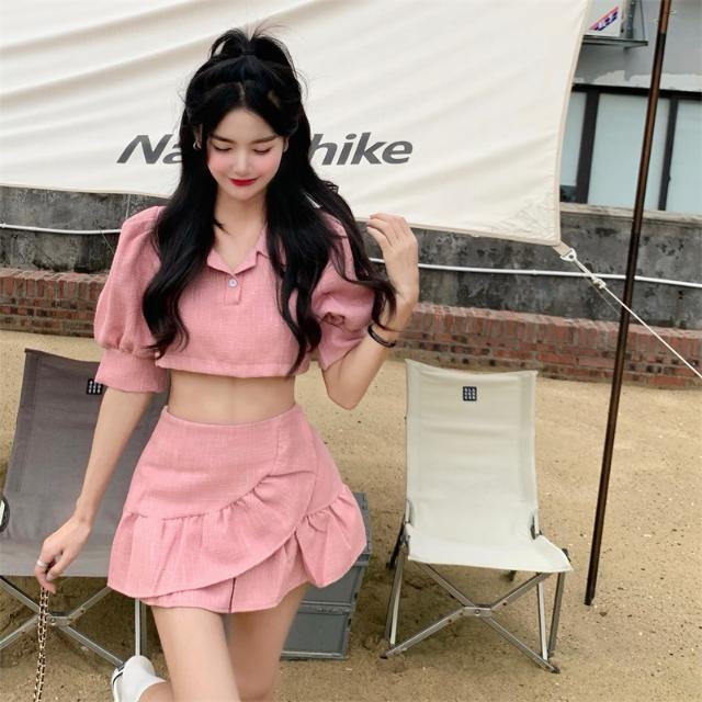 Red Salt can be sweet suit summer first love puff sleeve top ruffled skirt temperament small two-piece female