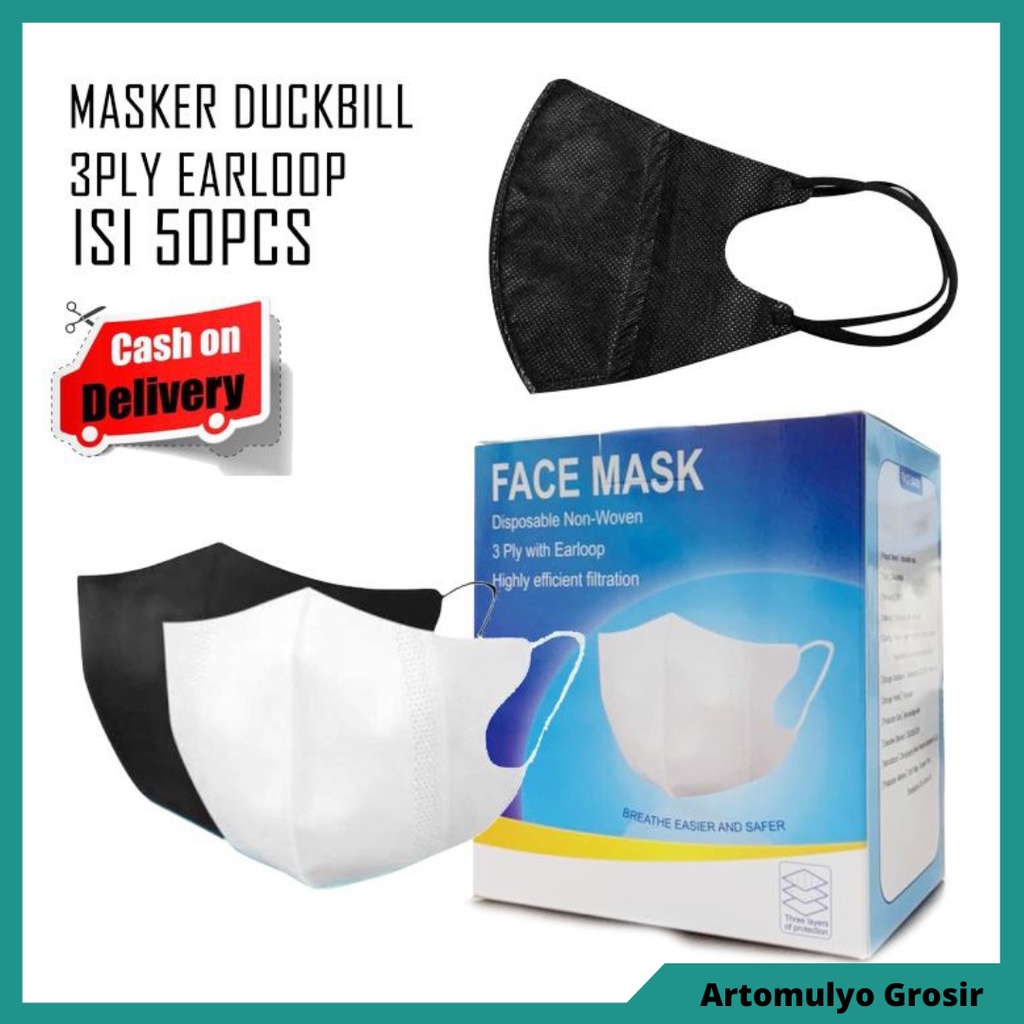 MASKER DUCKBILL FACE MASK 50 PCS NO BOX 1PACK 50 3PLY HITAM PUTIH KEMENKES RI / MASKER MURAH DUCKBILL / GROSIR MASKER MURAH JOGJA