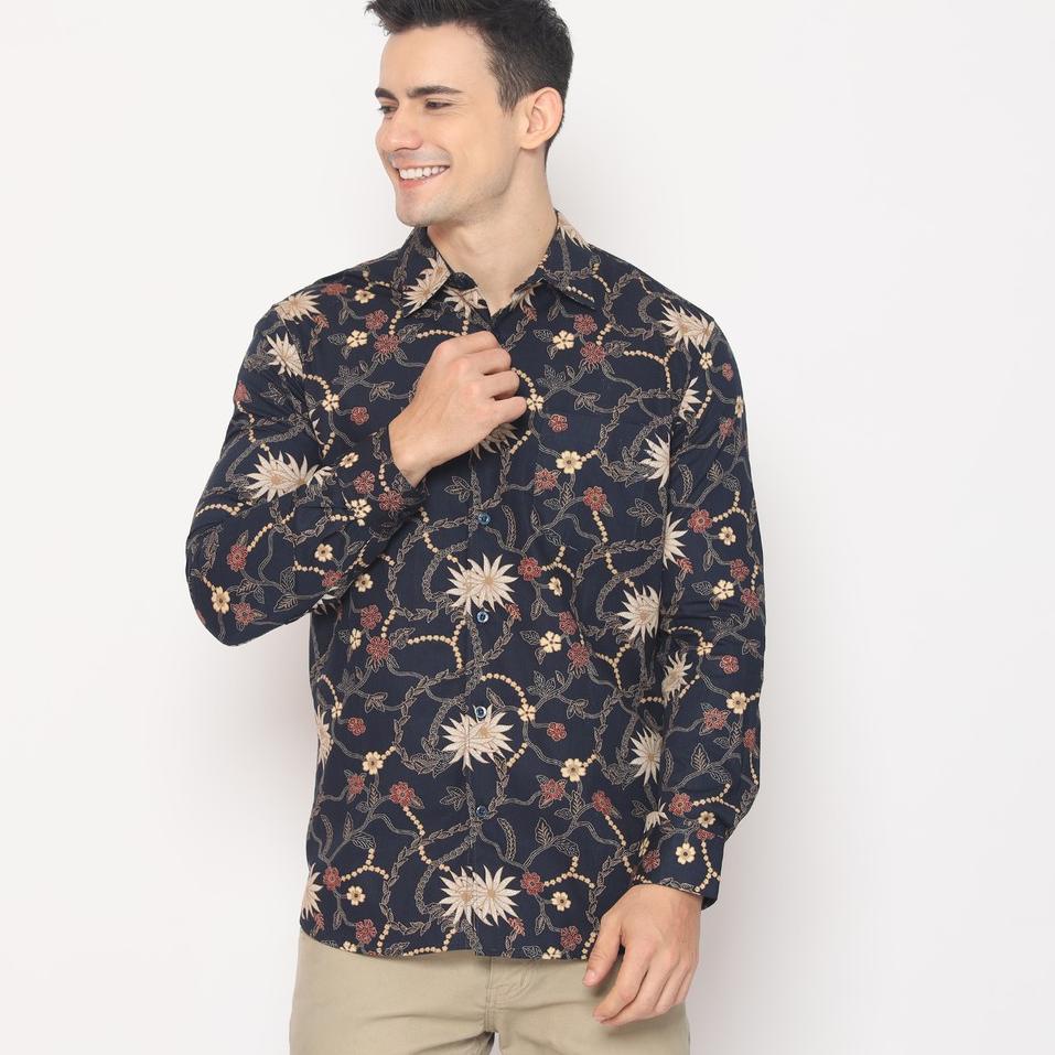 ➩ Platini Kemeja Batik Pria Lengan Panjang Katun  Navy  ➨