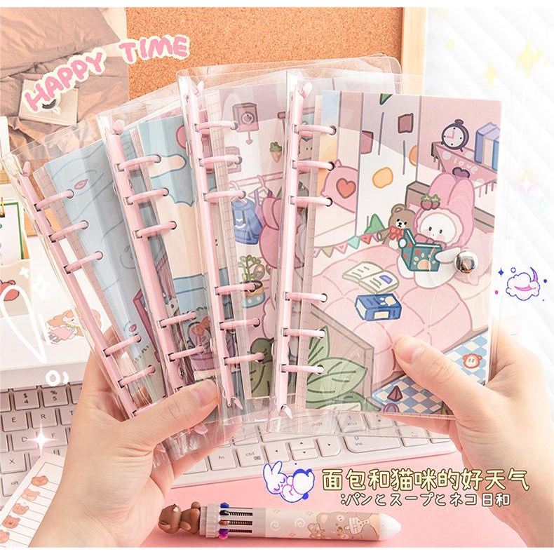 

Buku binder A6 Buku 100 lembar lucu Korean style spiral notebook PVC clear cover 6 ring Buku catatan isi ulang loose-leaf Akaun tangan transparan Buku rekening tangan Daily planner DIY scrapbook Cute peach rabbit Jurnal wisatawan