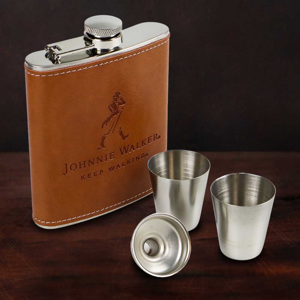 (BISA COD) FTIHSHP Taganov Botol Hip Flask Stainless Steel Leather 7 Oz with Shot Glass - TAG7