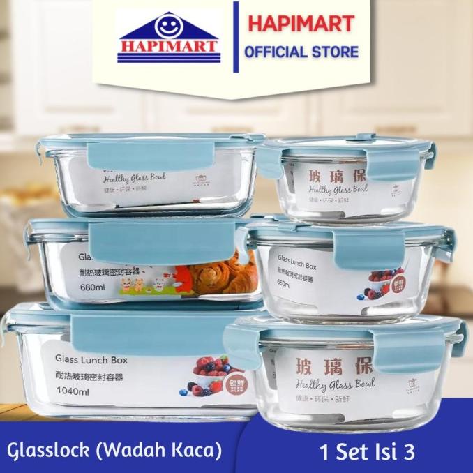 Glasslock Wadah Penyimpanan Makanan Kaca 3 in 1 Non Sekat Kedap Udara