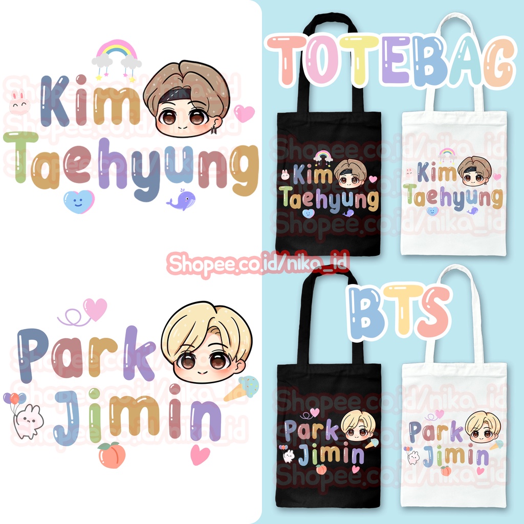Totebag Resleting Hitam Putih BTS Kpop Aesthetic Tote bag Fanmade army Lucu Korean Style Chibi jungk