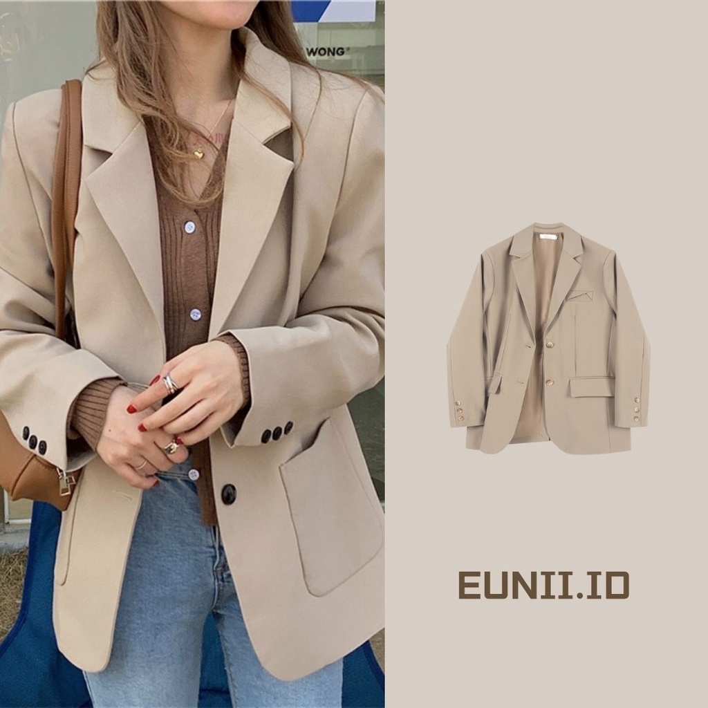 EUNII Blazer Wanita Outer Lengan Panjang Wanita Polos Oversize Korean Style