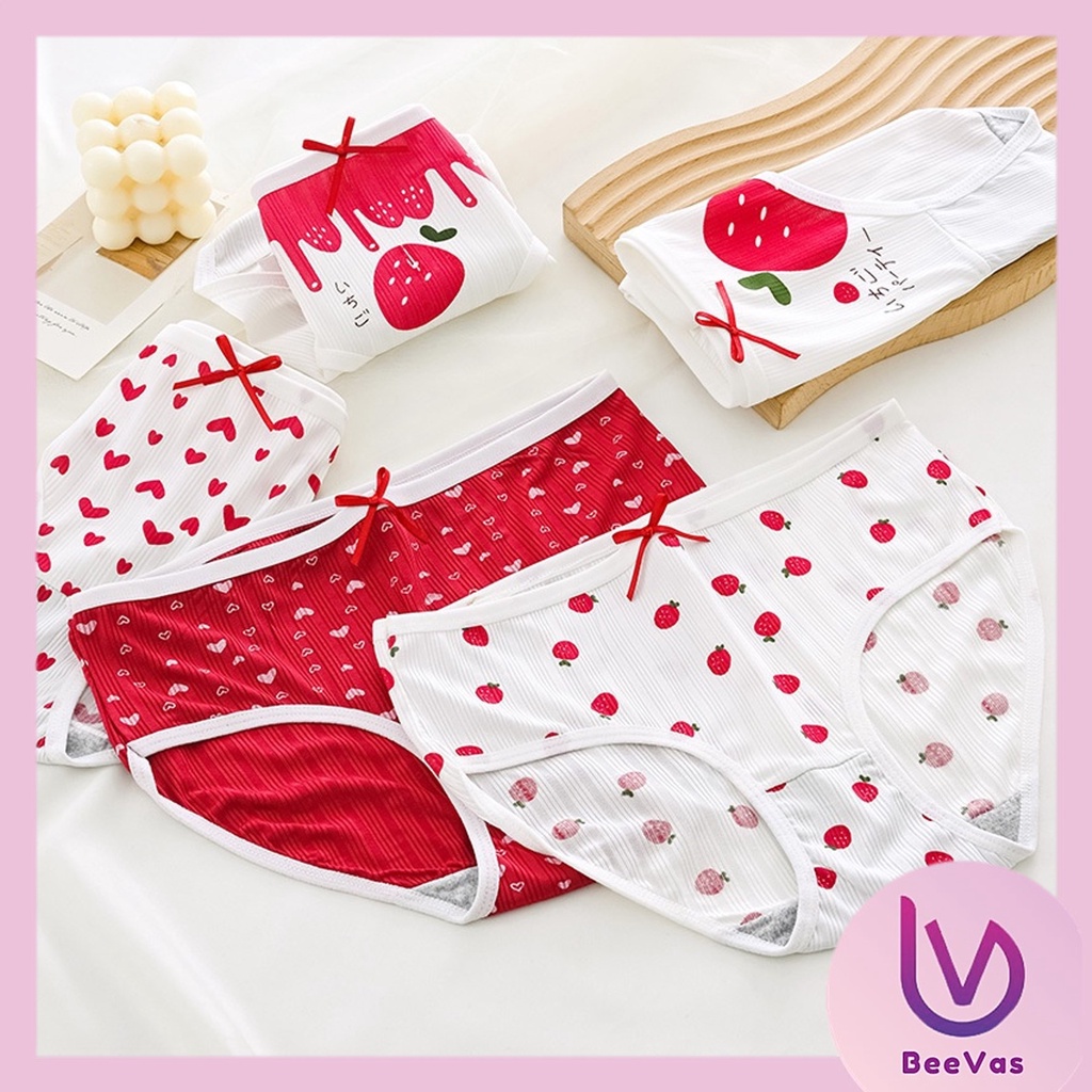 BV.ID CD1088 Celana Dalam Wanita CD Import Mid Waist Underware Nyaman Imut Motif Strawberry Merah Lucu