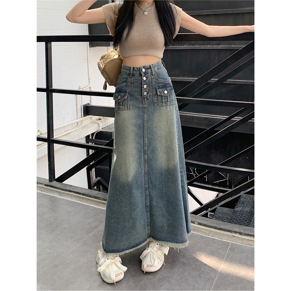 Red Rok denim tepi mentah retro Amerika wanita musim panas pinggang tinggi dicuci rok panjang rok fashion rok a-line ramping rok biru