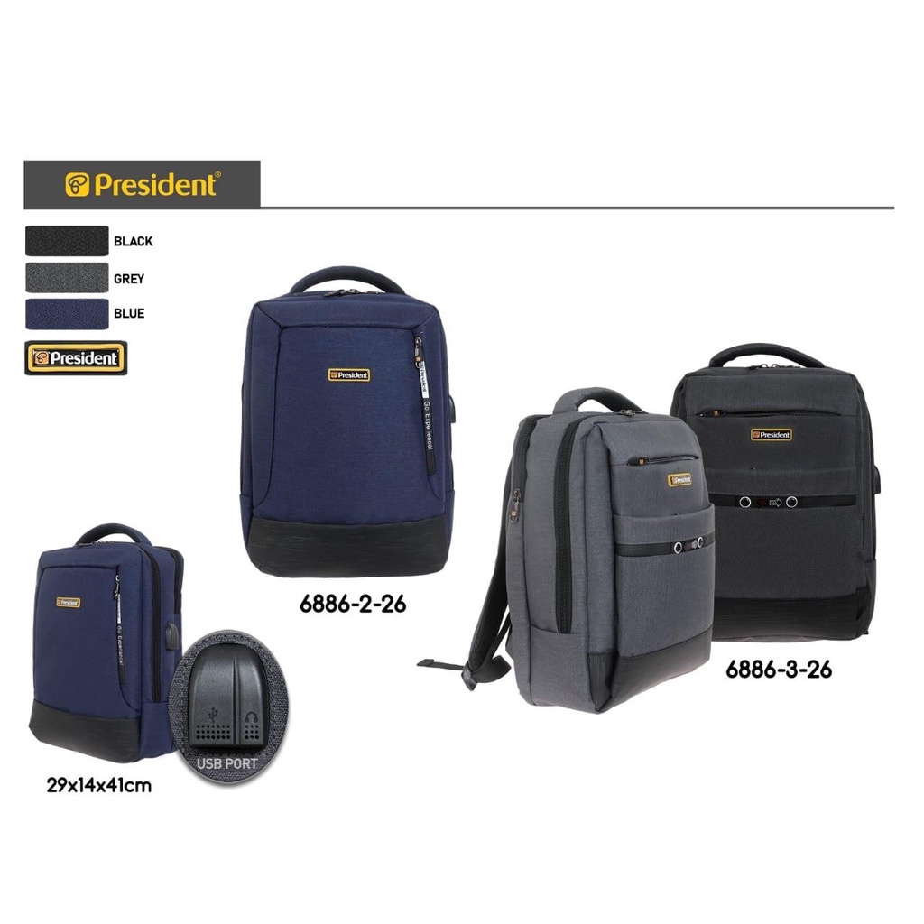 PRESIDENT TAS RANSEL BACKPACK BAHAN CANVAS PUNGGUNG USB  6886