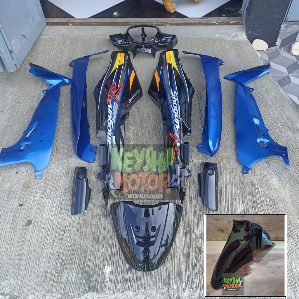 PAKET FULL BODY HALUS SHOGUN R110 NEW SET STRIPING WARNA HITAM BIRU
