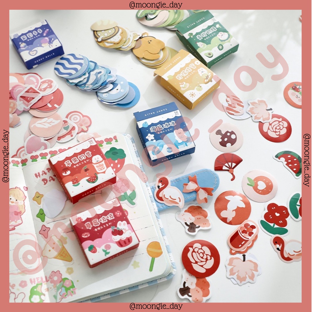 

45 - 50 PCS/BOX STIKER KERTAS TEMA CUTE CANDY BALLS BEAR BUNNY BULLET JURNAL LUCU MURAH DIY DIARY POLAROID DECO POCA