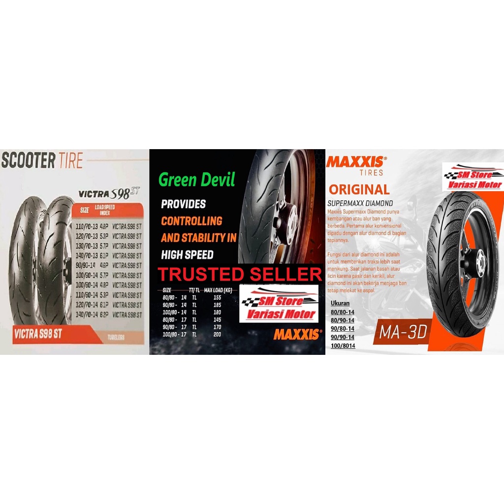 Ban Tubles Maxxis Green Devil Victra s98st Diamond 70/90 80/80 80/90 90/80 90/90 100/80 RING 14 17