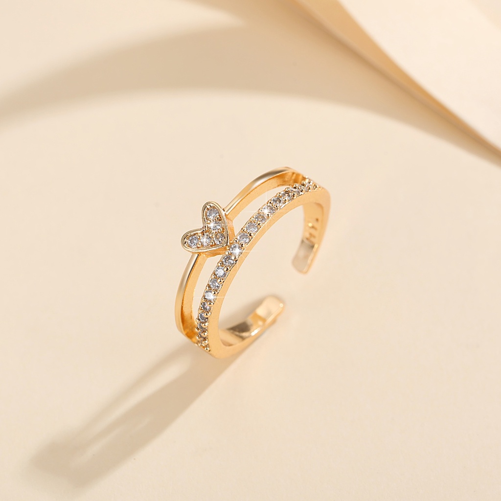 Y954 【Barang spot】Cincin Titanium Anti Karat Adjustable Kristal Love Hati Perhiasan Wanita Berlapis Emas Korea