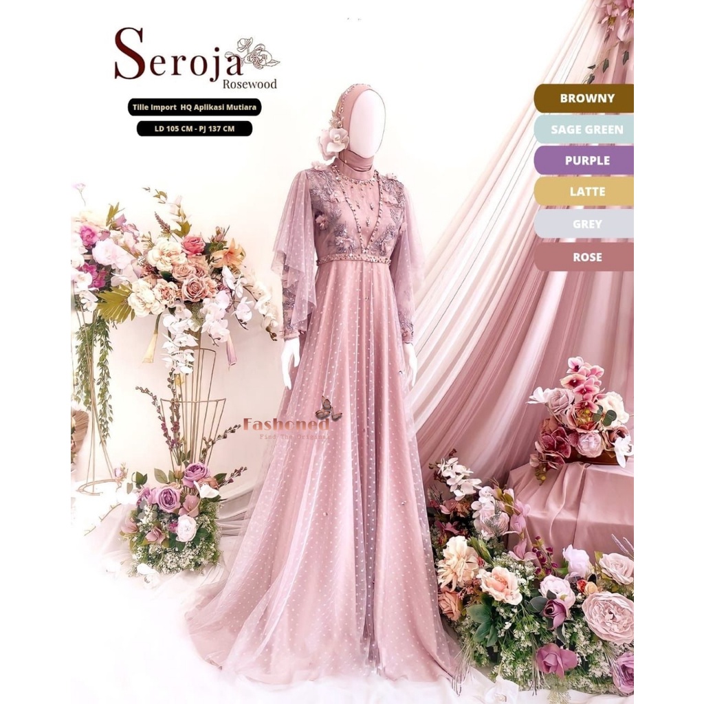 Seroja Dress Brukat Tille PREMIUM Dress Kondangan Muslim Wanita Remaja Terbaru Ld 100CM Nauren Maxy Bunga Veronica Brokat Gaun Pesta Muslimah Cantik Seragaman Baju Lebaran Kekinian Murah Grosir Konveksi Warna Sage Green Latte Brown Lavender Grey Toska