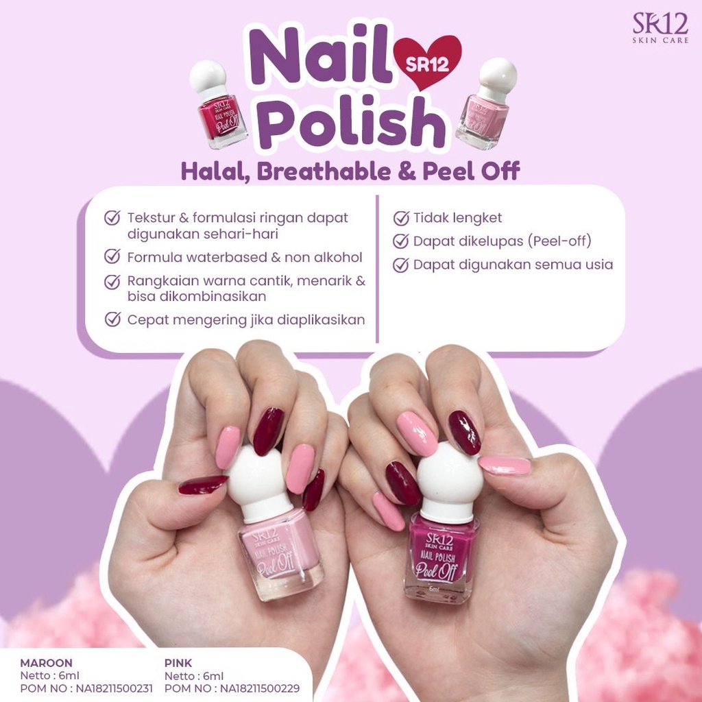 NAIL POLISH PEEL OFF SR12 / KUTEK HALAL KERING 2 MENIT / MUDAH DIKELUPAS WATER BASED / NON ALKOHOL