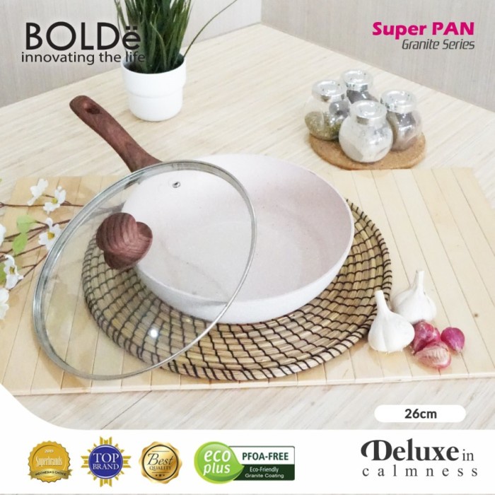 Teflon BOLDe Super Pan Wok 26 cm granite + Lid glass Beige Wajan + Tutup original set stainless term
