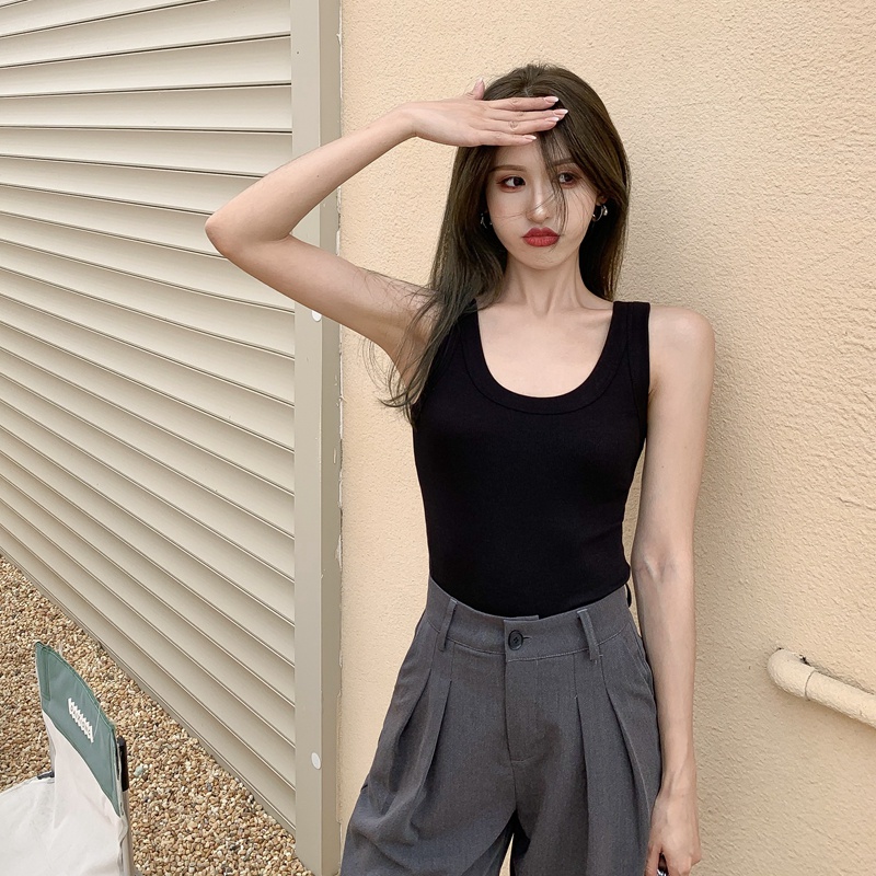 Red All-Match Warna Solid Tanpa Lengan Rompi Kamisol Wanita Musim Panas Gaun Gadis Seksi Ramping Elastis Anti-Selip pakaian Atas