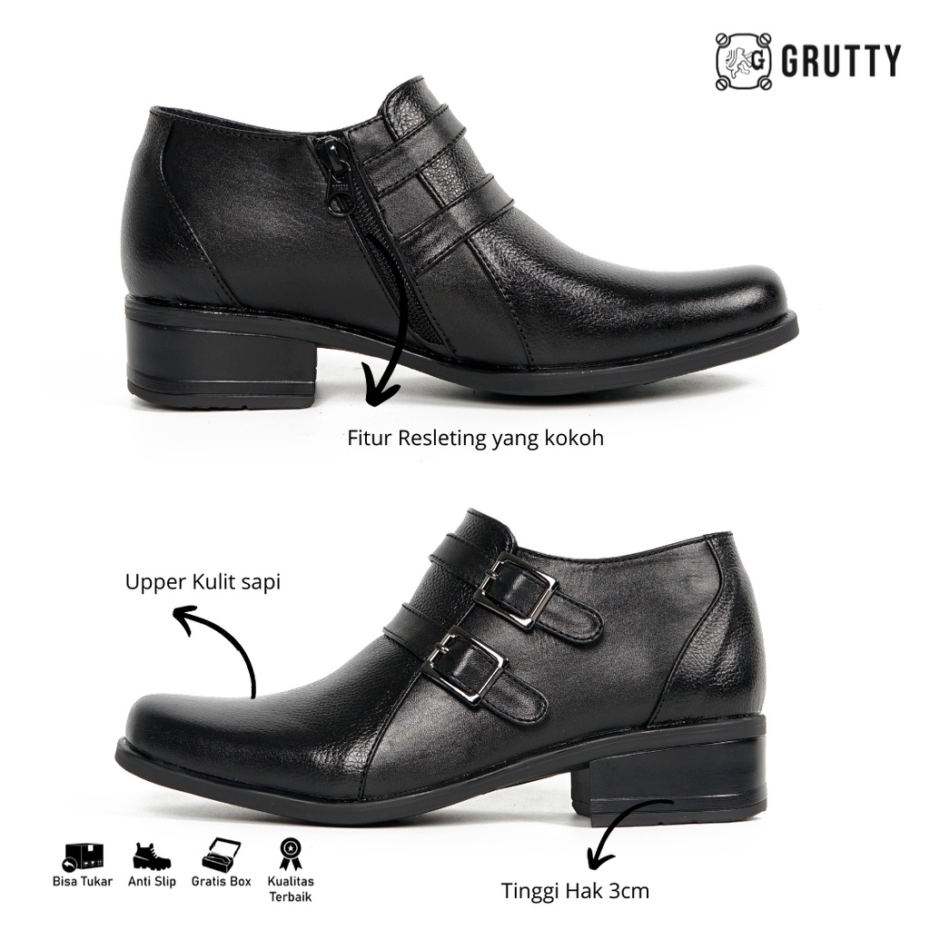 Sepatu Wanita Boots Pendek Hak 3cm Pantofel PDH Hitam Resleting