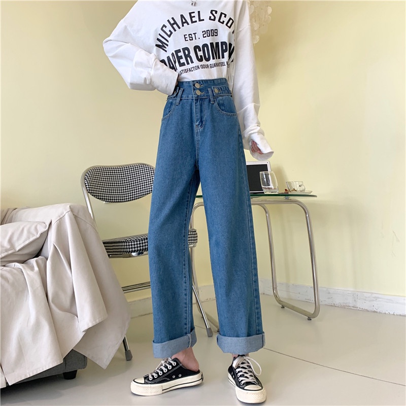 EUNII Celana Panjang Jeans Wanita Boyfriend Loose High Waist Korean Style Jeans