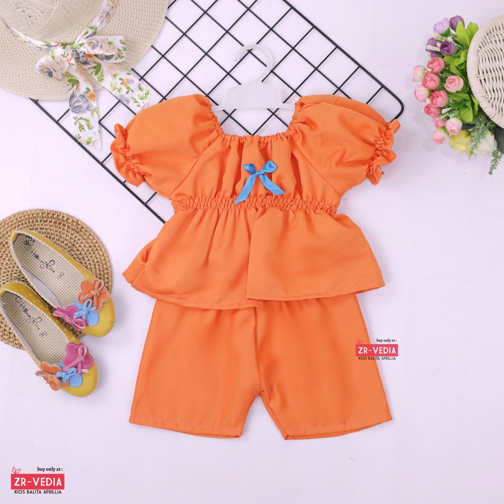 Neisya Set uk Bayi - 2 Tahun / Setelan Lengan Pendek Balon Celana Anak Perempuan Polos Atasan Kualitas Import Kiosbalitaaprillia