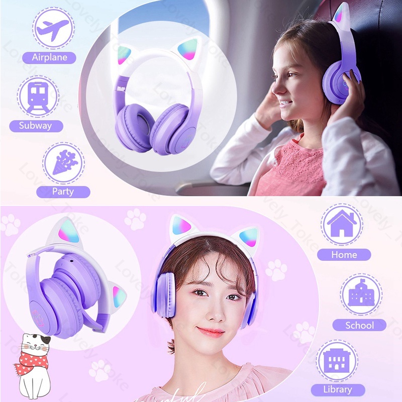 LED Color Light Cute Cat Ear Headphone with Mic STN-28 Pro Foldable Wireless Headphones Bluetooth Earphone HiFi Stereo Headset Bluetooth Headset Gaming No Delay Headphone Bluetooth