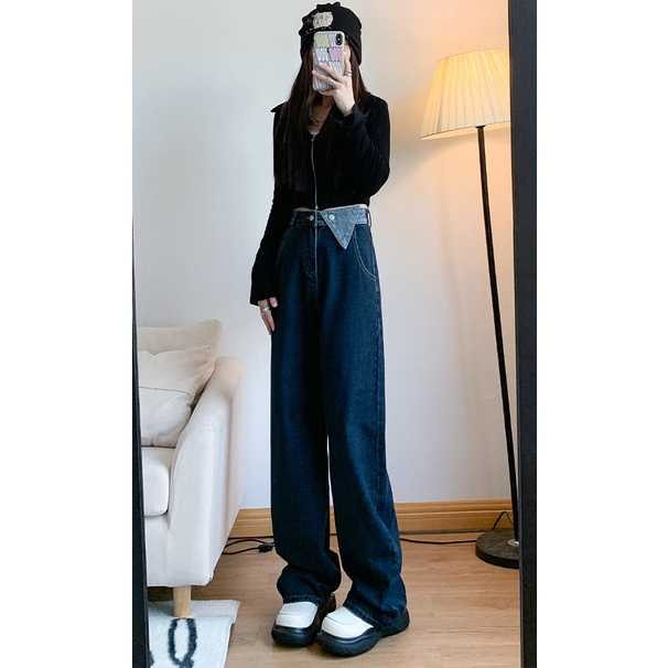 Celana Jeans Panjang Wanita Retro Desain Tombol Loose Wide Leg High Waist Jeans Korean Style