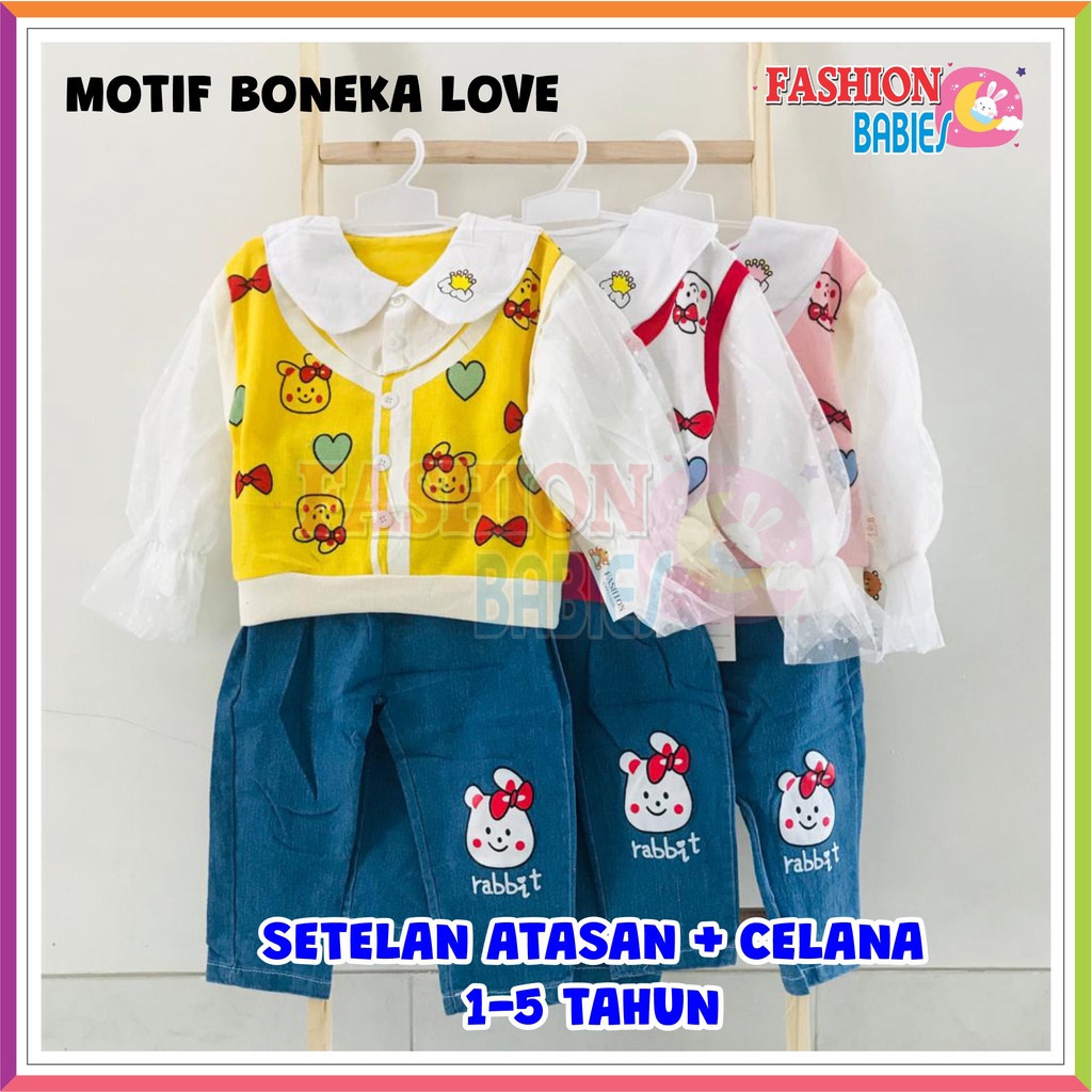 QQ SETELAN CELANA JEANS IMPORT | ATASAN + CELANA 1-5 TAHUN MOTIF BONEKA LOVE ❤ Fashionbabies ❤