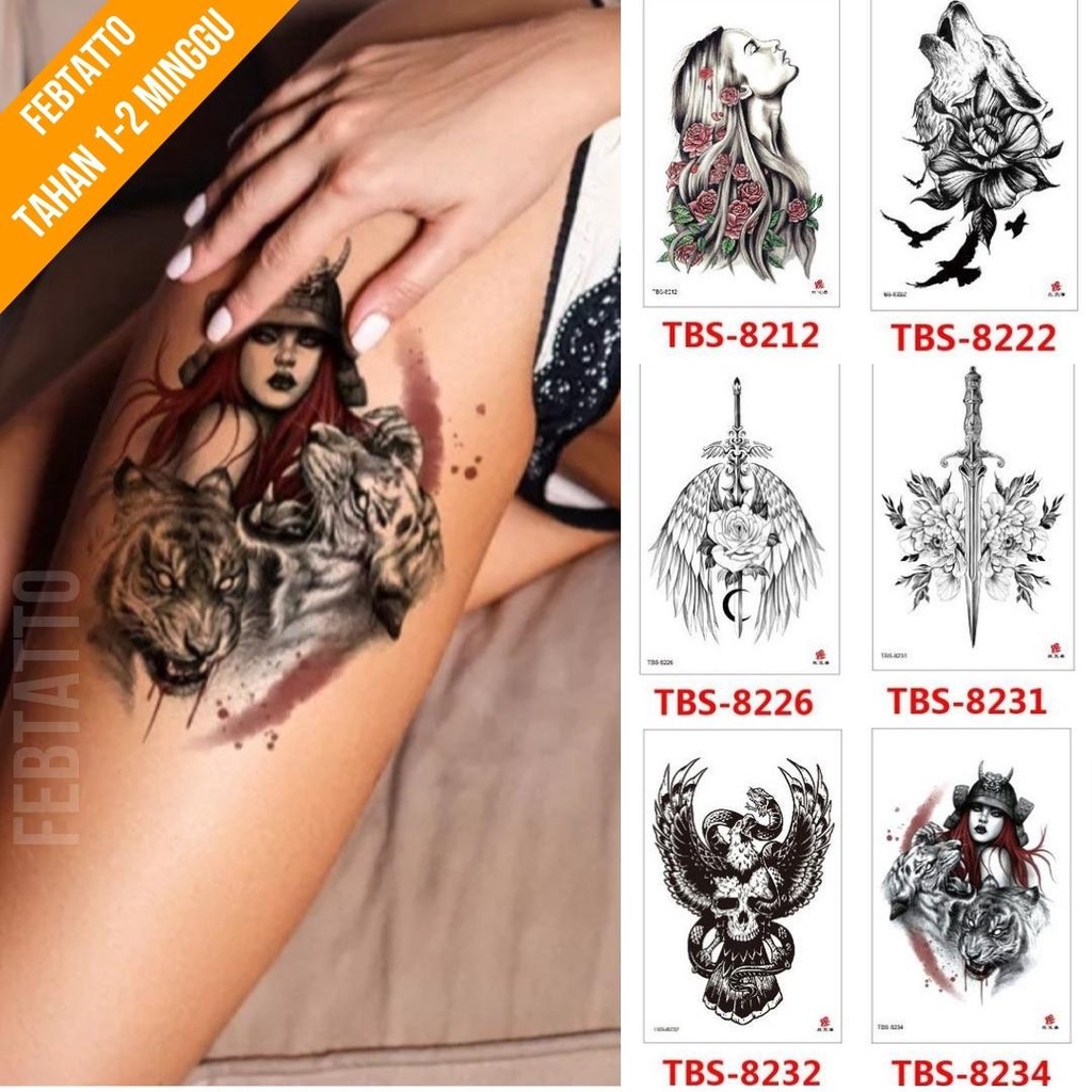 Tato Temporer Ukuran 12cmx19cm Motif Aesthetic Tatto Temporary Stiker Tato Halal Grosir Tato air motif perempuan, bunga, serigala, pedang, sayap, tengkorak, ular TBS 8234