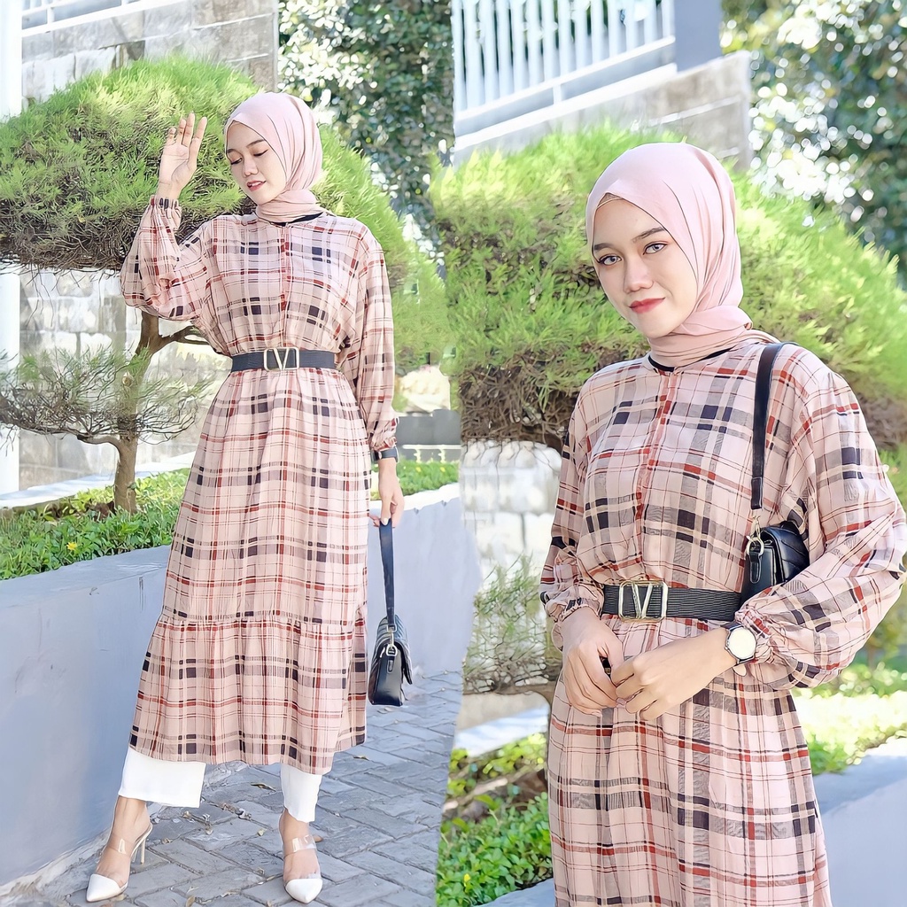 Midi Dress Katun Rayon Motif Pattern Twill Free Belt Busui Friendly Premium - Dress Wanita GAMIS BASIC / GAMIS RAYON POLOS / GAMIS PLAIN SUSUN / GAMIS CANDA / GAMIS HITAM POLOS