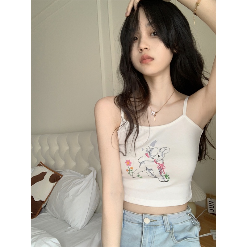 Red kumikumi lamb print camisole women s summer design sense small crowd outside wear slim slim short top