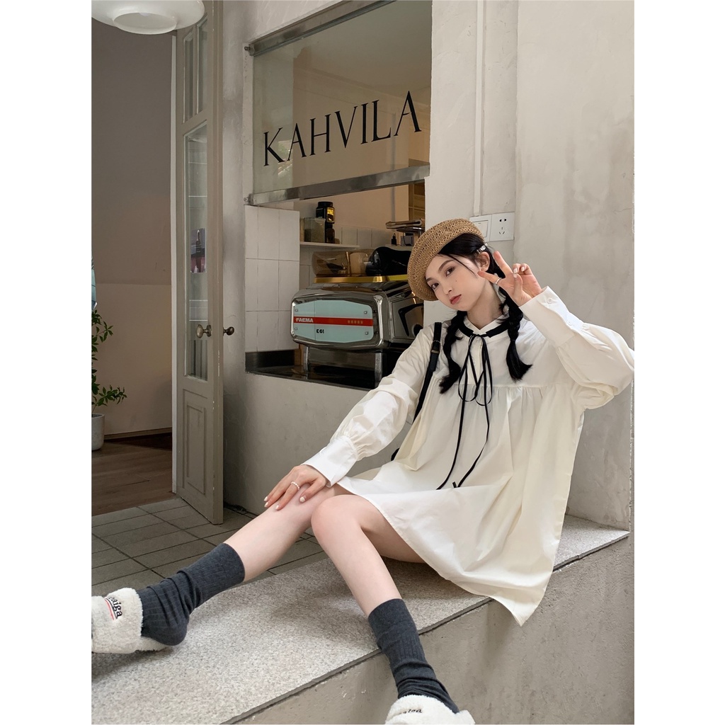 Red kumikumi design sense hit color tie belt age-reducing doll skirt female autumn small loose dress short skirt