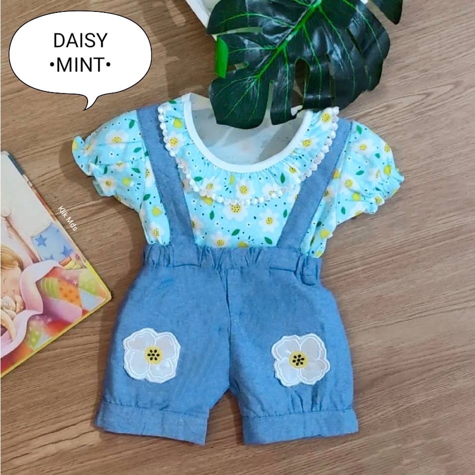 Overall Baju Anak Perempuan / Baju Kodok Bayi Cewek Bahan Kaos Motif Daisy Bunga Estimasi Usia 0-9 Bulan