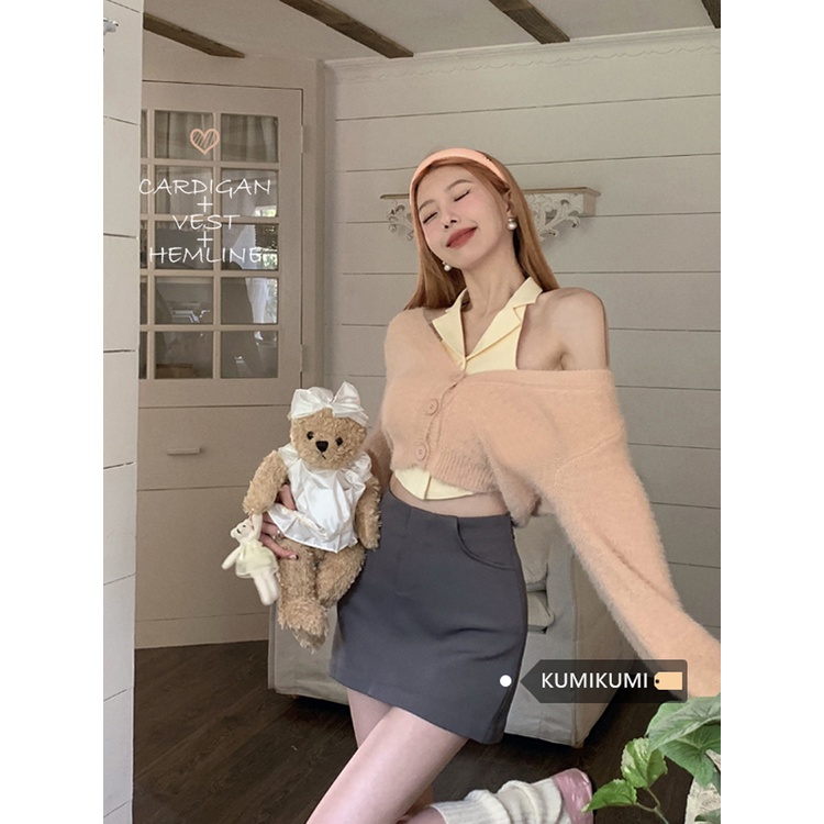 Red kumikumi sweet hot girl suit short knitted cardigan female hanging neck vest spring and summer bag hip skirt three-piece set