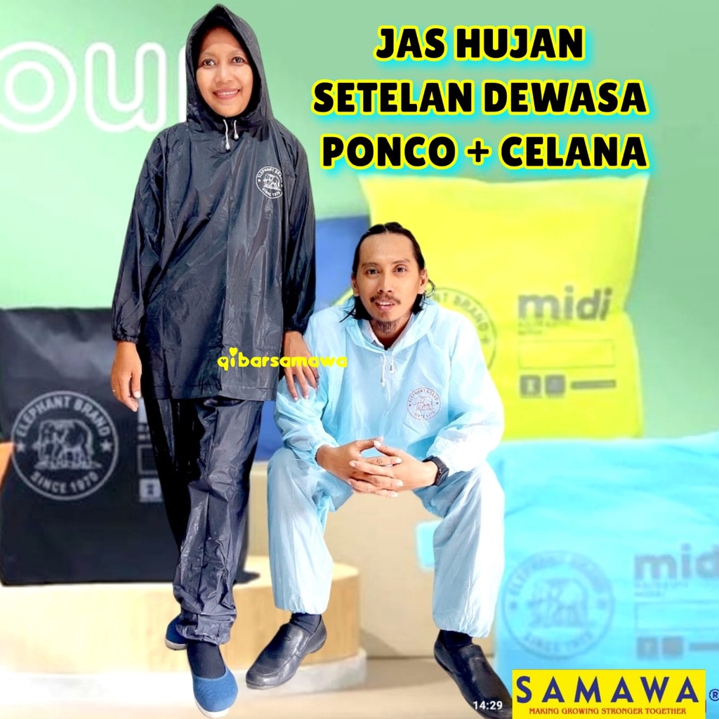 Elephant Brand Jas Hujan Midi Setelan Poncho Lengan + Celana Dewasa