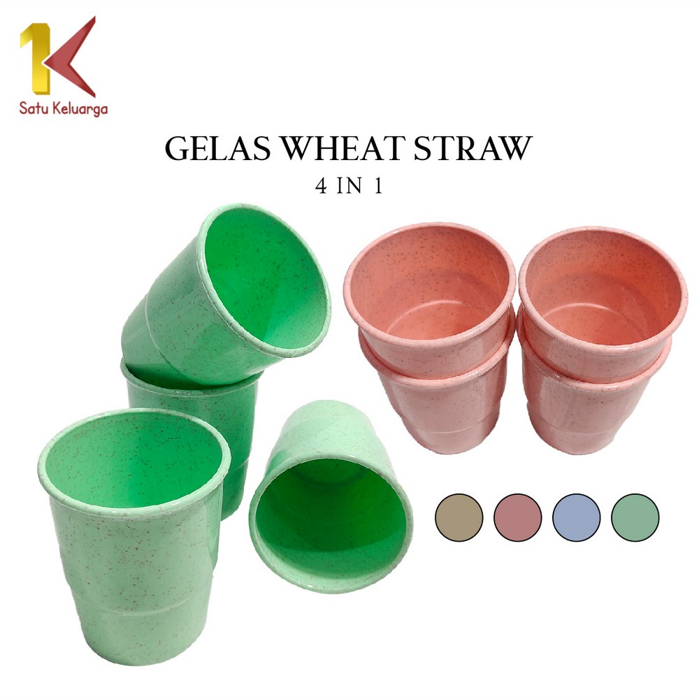 Satu Keluarga Gelas Wheat Straw 4IN1 C811 Gelas Cangkir Mug Plastik Jerami Gandum Tanpa Gagang Gelas