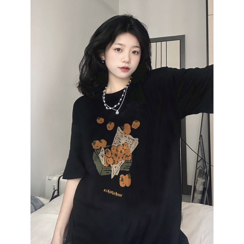 kaos hitam oversize wanita lengan pendek kekinian orange graphic print kaos basic ootd