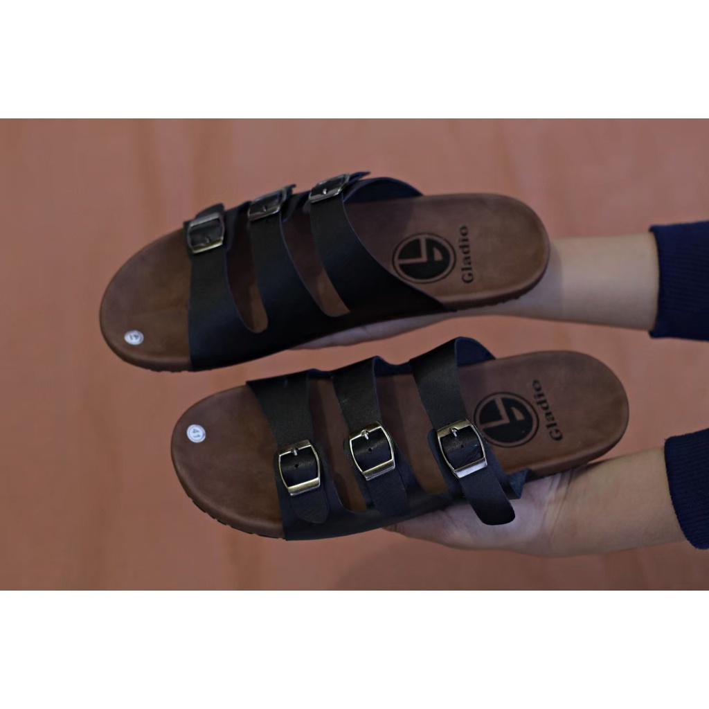 Fatimahshoes Sandal Slide kulit Kasual Santai Fashion Pria Tan Hitam Coklat