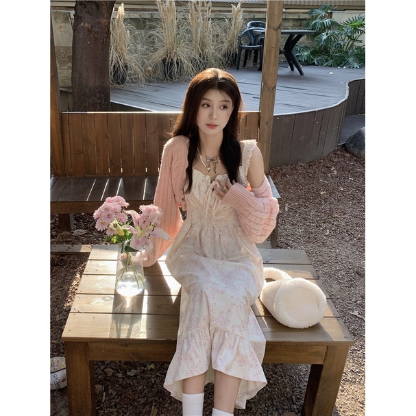 Red kumikumi suit wanita pendek sweter kardigan jaket musim semi bunga lembut rok suspender gaun dua potong set