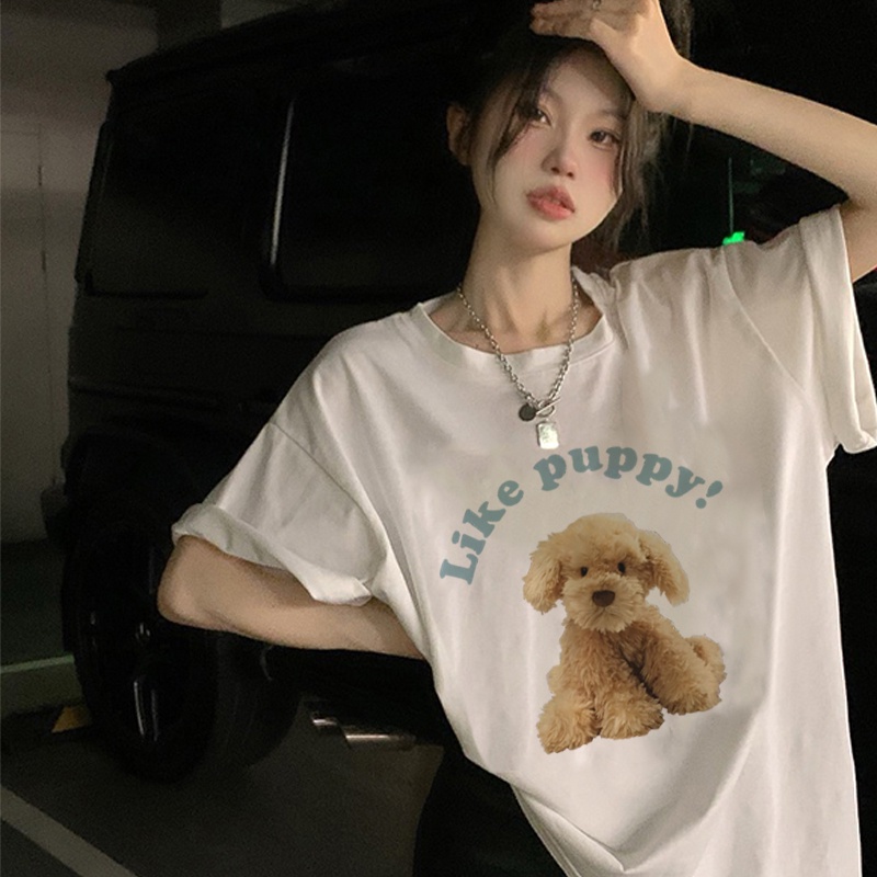 Print T-shirt Kaos Lengan Pendek Cute Plush Dog Baju Wanita Oversize Korean St