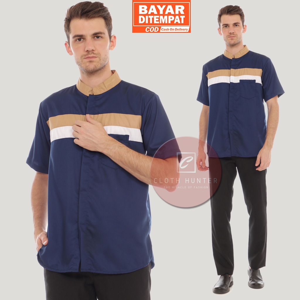 Koko Pria Muslim QAHTAN Lengan Pendek Biru Navy Kancing Polos Katun Toyobo