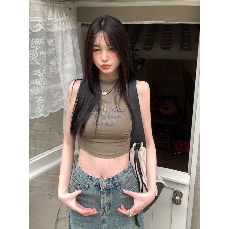 Red American printed camisole women s outerwear tight waist short top sleeveless t-shirt elastic sweet hot girl pure desire