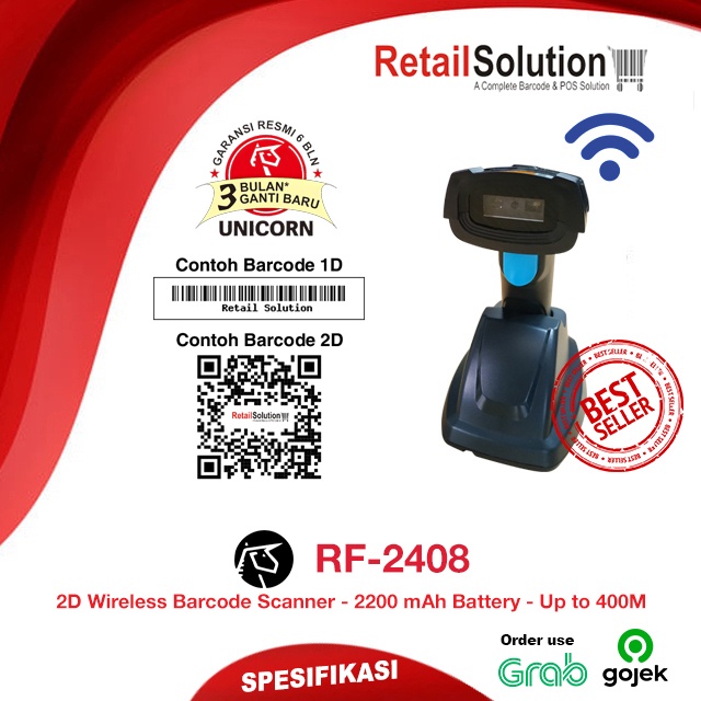 Barcode Scanner Wireless 2D QR CODE - Unicorn RF2408 / RF-2408 / RF2400