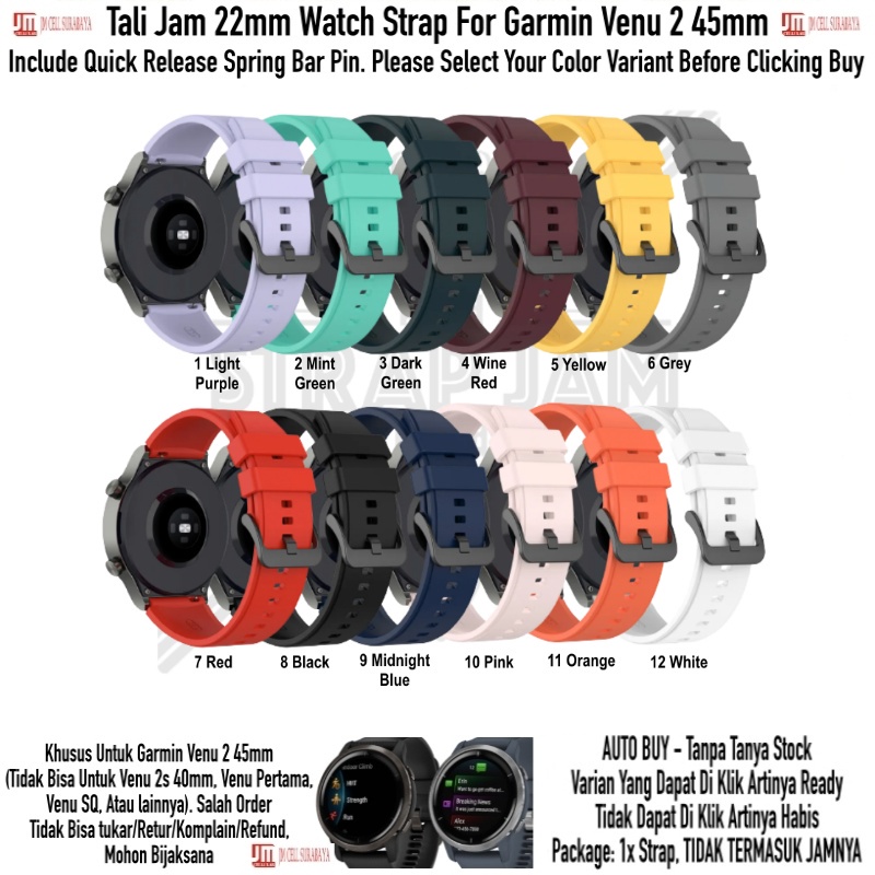 T2P Strap 22mm Untuk Garmin Venu 2 45mm - Tali Jam Tangan Pin Quick Release