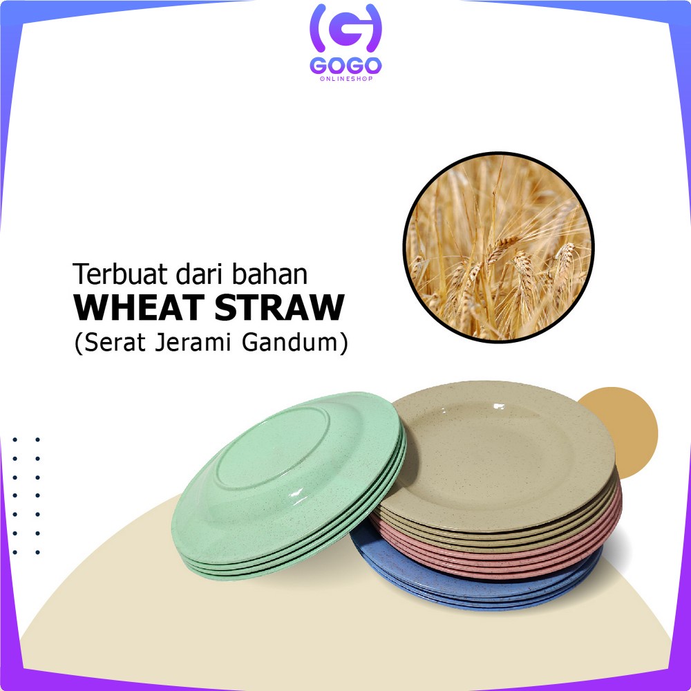 GOGO-C812 Piring Makan Plastik Bulat Jerami Wheat Straw 22CM 4IN1 Warna Warni / Alat Makan Piring Saji Snack Tahan Banting