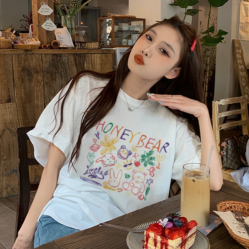Print T-shirt Kaos Lengan Pendek Cartoon Honey Bear Baju Wanita Oversize Korean Style
