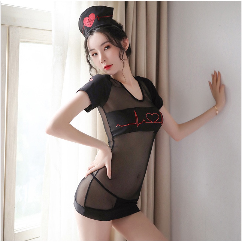 Lingerie Sexy hot Mini Dress Perawat Cosplay Seragam Seksi Transaran 3A375