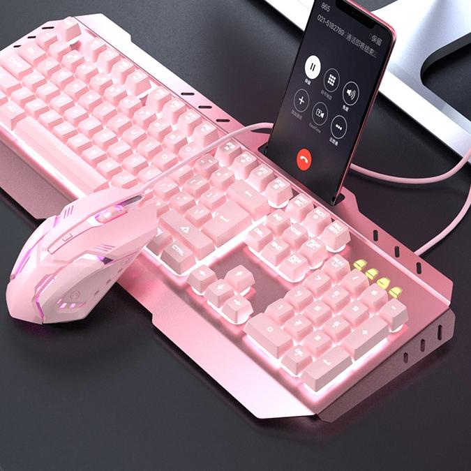 ◌ Pink Girl Cute Backlight Gaming Keyboard dan Mouse Combo Mechanical Feel Mekanikal external Gamer 