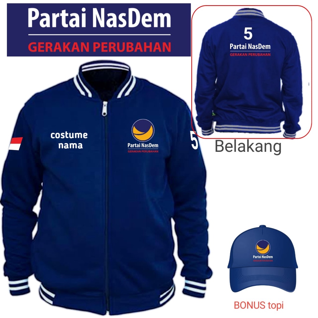 JAKET VARSITY PARTAI NASDEM FREE NAMA SEBELAH KANAN,KALAU TDK AD CHAT KITA KIRIM POLOS UNTUK COSTUME